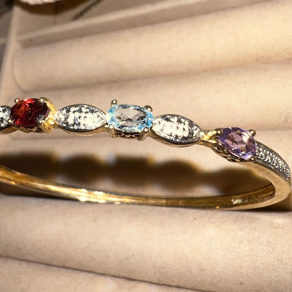 Gold Tone Multi Gem Amethyst Garnet Citrine Peridot Aquamarine Bangle Bracelet - Picture 4 of 14